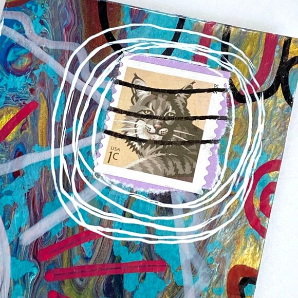 ACEO Original Mixed Media Art 2015 Bobcat US Postage Stamp ATC - Picture 2 of 3